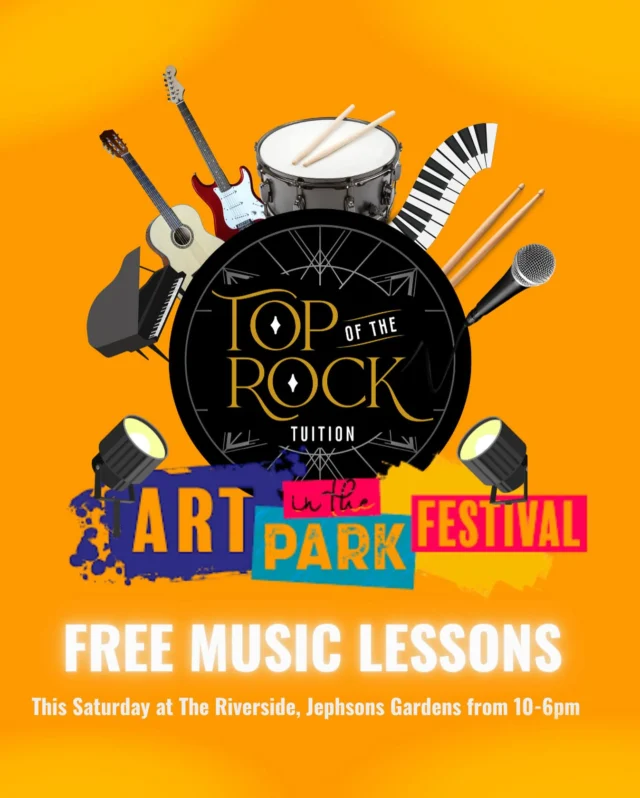 THIS SATURDAY🎨🎵✨ 

We will be at @aitpleamington delivering FREE music lessons to the lovely people of Leamington spa! Come along and join us, as well as hundreds of other local artists, in celebrating all things art, music, theatre and creativity! 

📍Jephson Gardens 
⌚️10-6pm 
🎟️FREE festival entry 
🎵Drums, guitar, bass, piano and vocals

We hope to see you there 🤘🏻