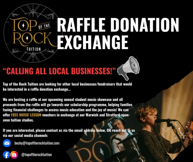 LOOKING FOR RAFFLE DONATIONS 📣

For our upcoming Christmas showcase, we are asking for raffle donation prizes in exchange for a free lesson voucher! Please share with local business owners so that we can make this years raffle our best yet!!!