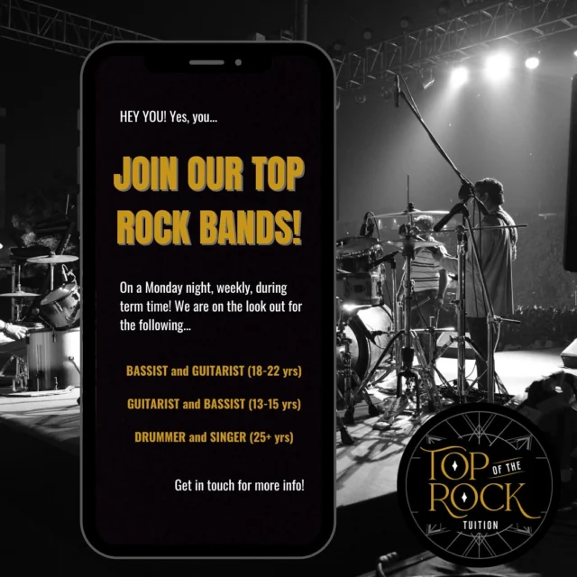 CALL-OUT FOR MUSICIANS TO JOIN OUR TOP ROCK BANDS🤘🏻 

📍Top of the Rock Stratford-upon-Avon 
📆 Monday nights during term time 

We’re looking for musicians to join our fantastic bands, lead by the fearless leader and musical genius @alexsinesiguitar 🔥It is super important that new members are the correct fit for each band, so people are selected based on age and ability, to compliment existing members. 

If you are interested in getting involved, get in touch!