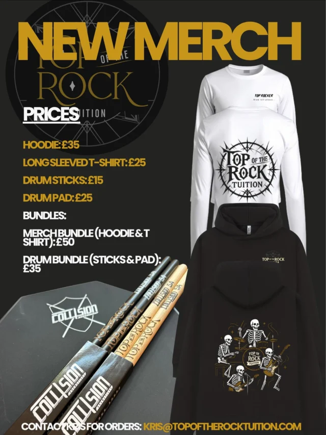 🚨 THIS IS NOT A DRILL… REPEAT: NOT. A. DRILL. 🚨

Our brand new Top Rock Merch has officially dropped — just in time for Christmas, and we can’t wait for you all to get your hands on it🎄🔥

We’re talking:
🖤 Exclusive Hoodies
🤘 Long-Sleeve Tops
🥁 Custom Drumsticks (wooden and black)
🎧 Practice Pads

…and they all look seriously sick.

If you want to snag yours before they disappear, hit up Kris at kris@topoftherocktuition.com to reserve your gear today.

GO GO GO!