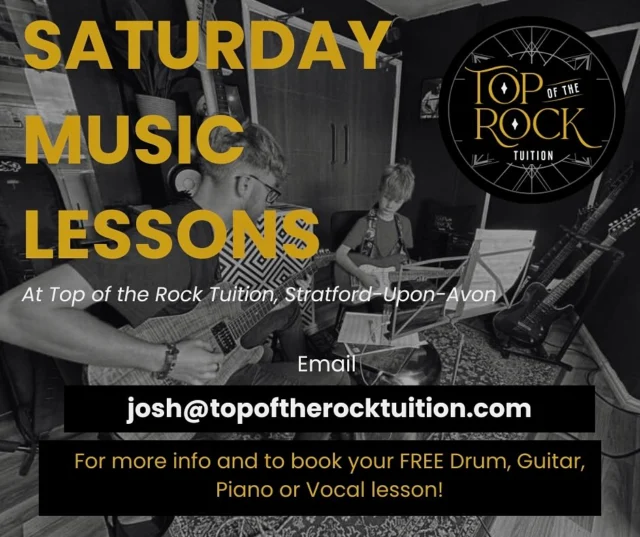Slots still available for our new Saturday music lessons at our Stratford-Upon-Avon studio 🤩 

Drop an email to josh@topoftherocktuition.com to reserve your slot, and to book your FREE first #drum #guitar #piano or #vocal lesson!