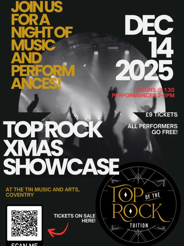 T-minus 18 days until our student CHRISTMAS SHOWCASE‼️🎅🎵

There are still a few limited slots available for students to sign up to perform, so get in touch to secure your slot and show everyone what you’re made of! 

📍 The Tin Music and Arts, Coventry 
📆 Sunday December 14th 
⏱️ Doors @ 1.30, performances start at 2pm

If you’d like to come along and support our fantastic Top Rockers, you can grab your tickets now (link in our bio)👊🏻